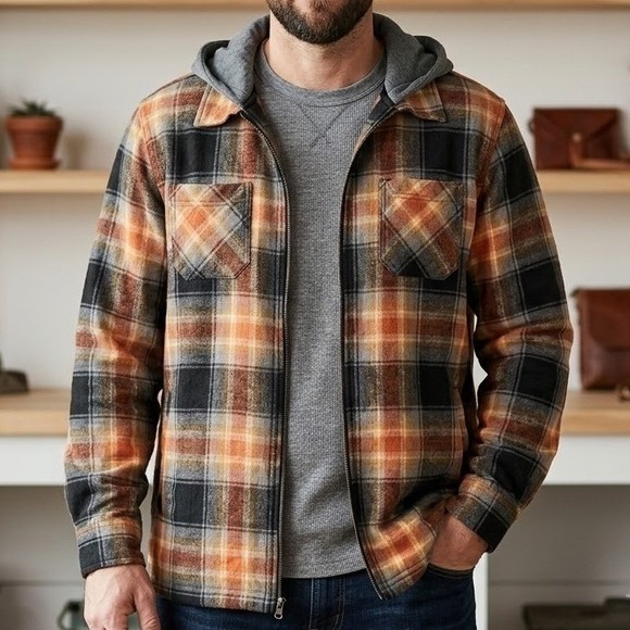 Brooklyn Cloth Other - Brooklyn Cloth Mens Plaid‎ Hooded Flannel Shirt Jacket w Pockets Large